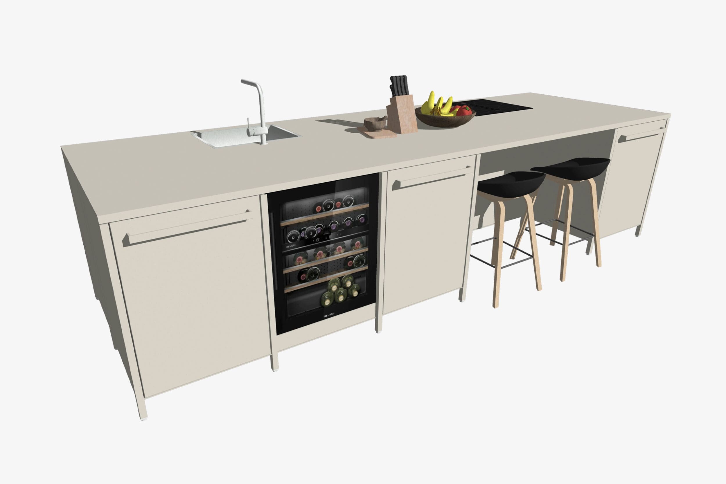 Grijs kookeiland en keukeneiland met bar